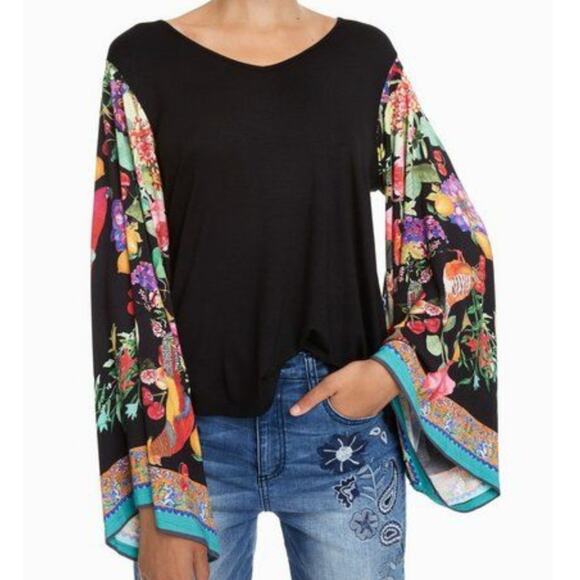 Desigual Tops - Desigual Eltsa Statement Sleeve Top Womens Medium Black Floral Birds Boho